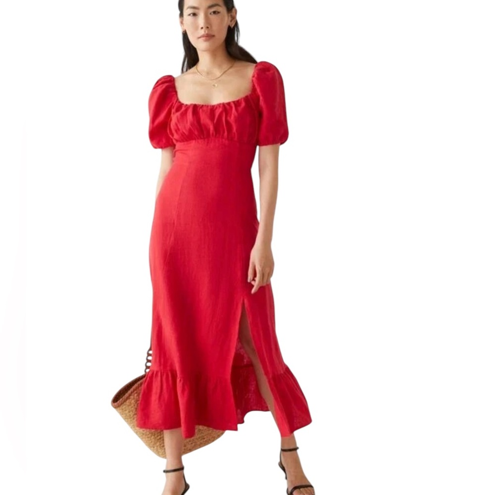 & Other Stories NWT linen puff sleeve midi summer dress in red in Sz 32 (XS)